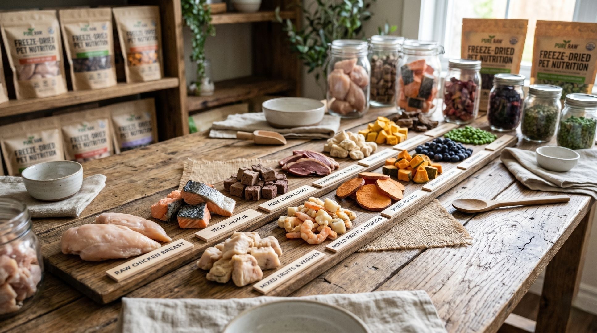 Assorted raw freeze-dried pet treats displayed on a natural surface, highlighting pure ingredients and minimal processing for optimal pet nutrition.
