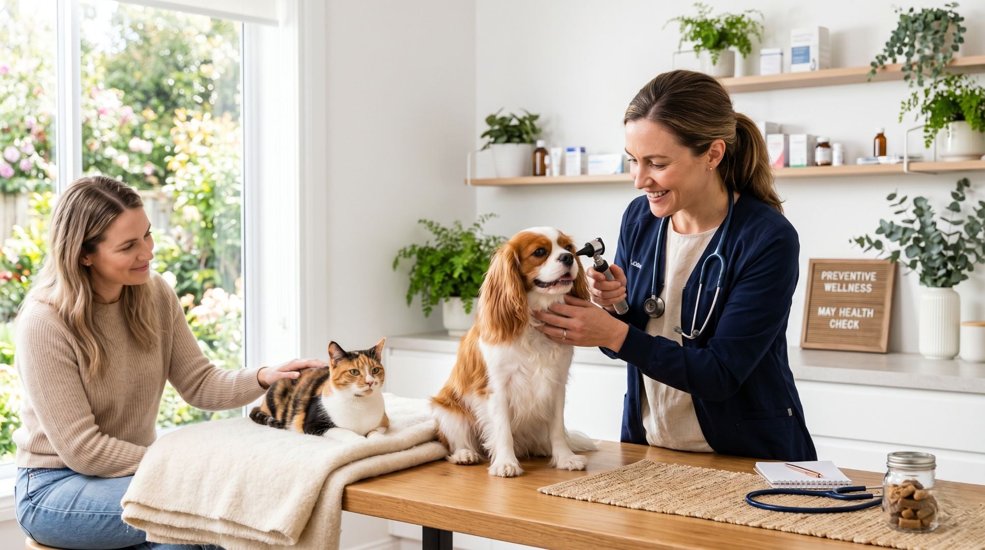 A professional veterinarian examining a healthy dog and cat in a bright, minimalist clinic with soft natural lighting and a warm, premium lifestyle atmosphere.