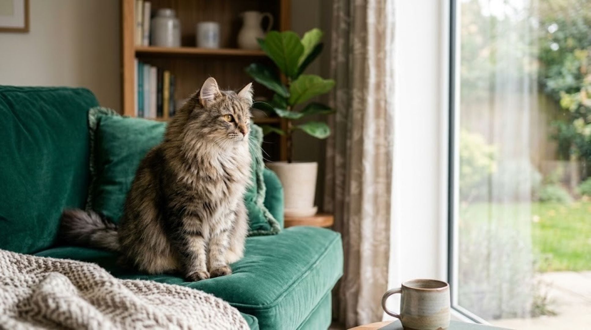 A serene domestic cat with thick fur sitting on a premium emerald green velvet sofa, looking towards a window with soft natural light reflecting in its eyes, high-end home lifestyle interior banner.