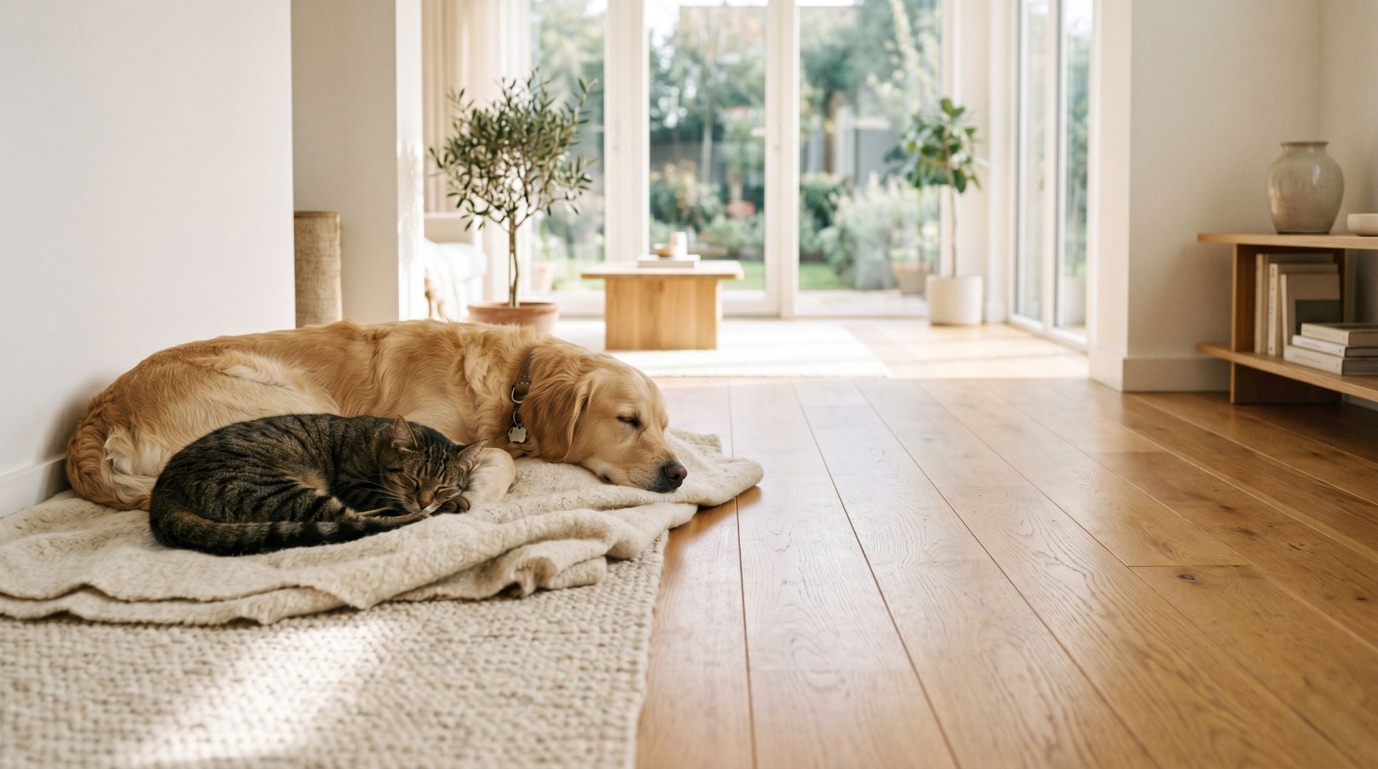 A calm dog and cat resting together in a sunlit minimalist living room — creating a stress-free indoor environment for pets.