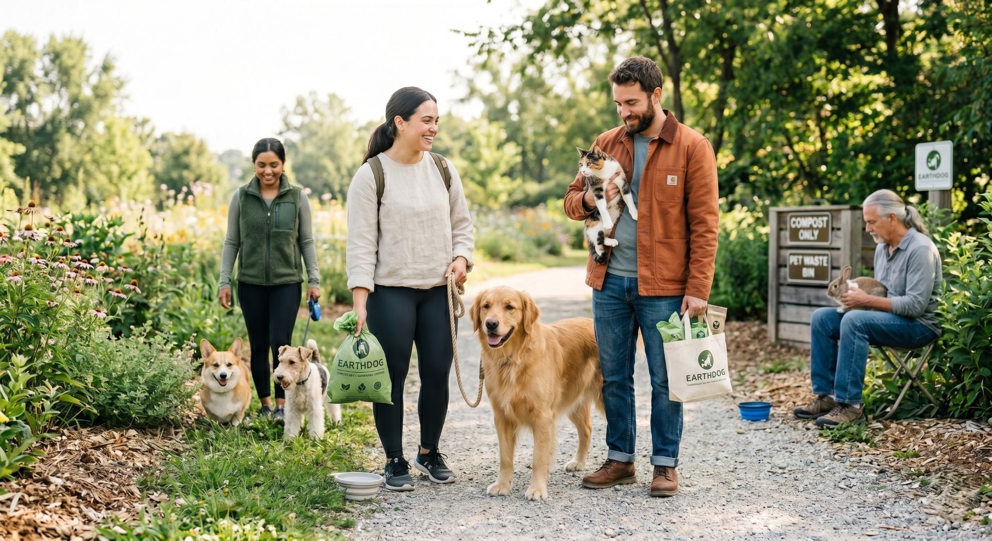 A woman and a man walk with various pets on a trail, holding compostable waste bags and a reusable EarthDog tote bag.