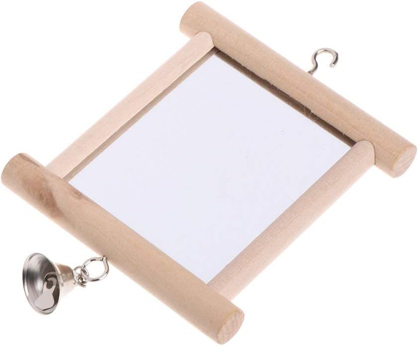 Bird Mirror Wooden Hanging Swing Interactive Play Toys for Small Parrot Budgies Macaw African Grey Parakeet Cockatiel Conure Lovebird Cage Accessories (Bird Mirror with Bell-ONE)