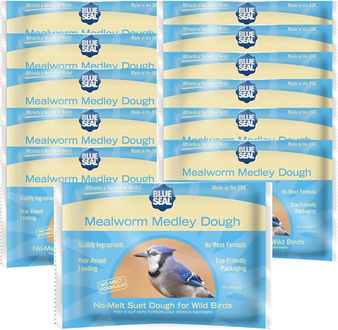 Blue Seal Mealworm Medley Suet Dough Cake | No Mess Wild Bird Suet | Attracts a Variety of Wild Birds | Melt Resistant | Year-Round Feeding | Food for Wild Birds | Made in The USA | 12 oz (12 Pack)