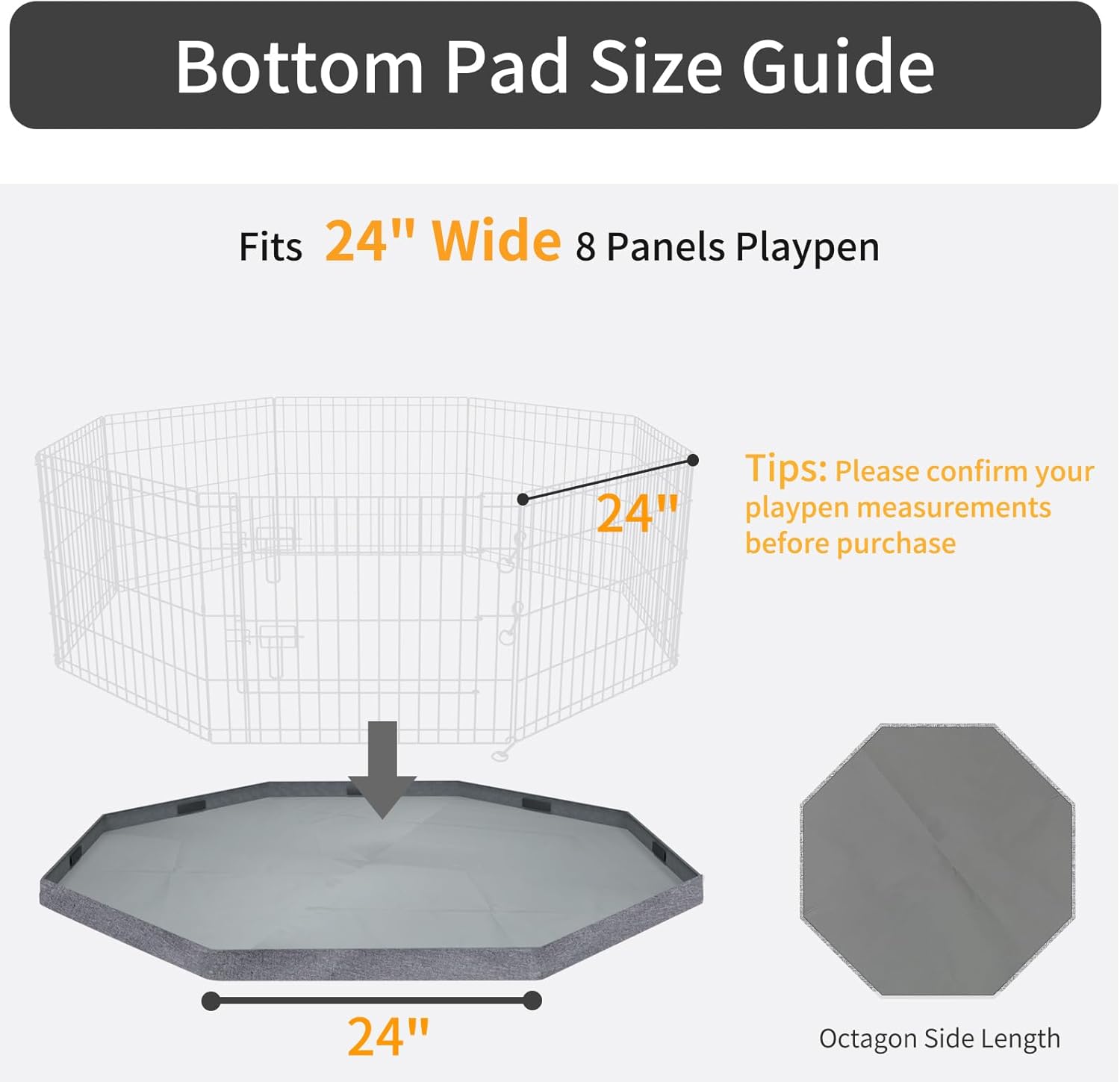 PETIME Bottom Cover Mat for Dog Playpen Pen Water-Resistant Pad Floor Protector for Indoor Outdoor Use Fits 24" Wide 8 Panels Metal Pet Exercise Play Pen (Playpen Not Included)