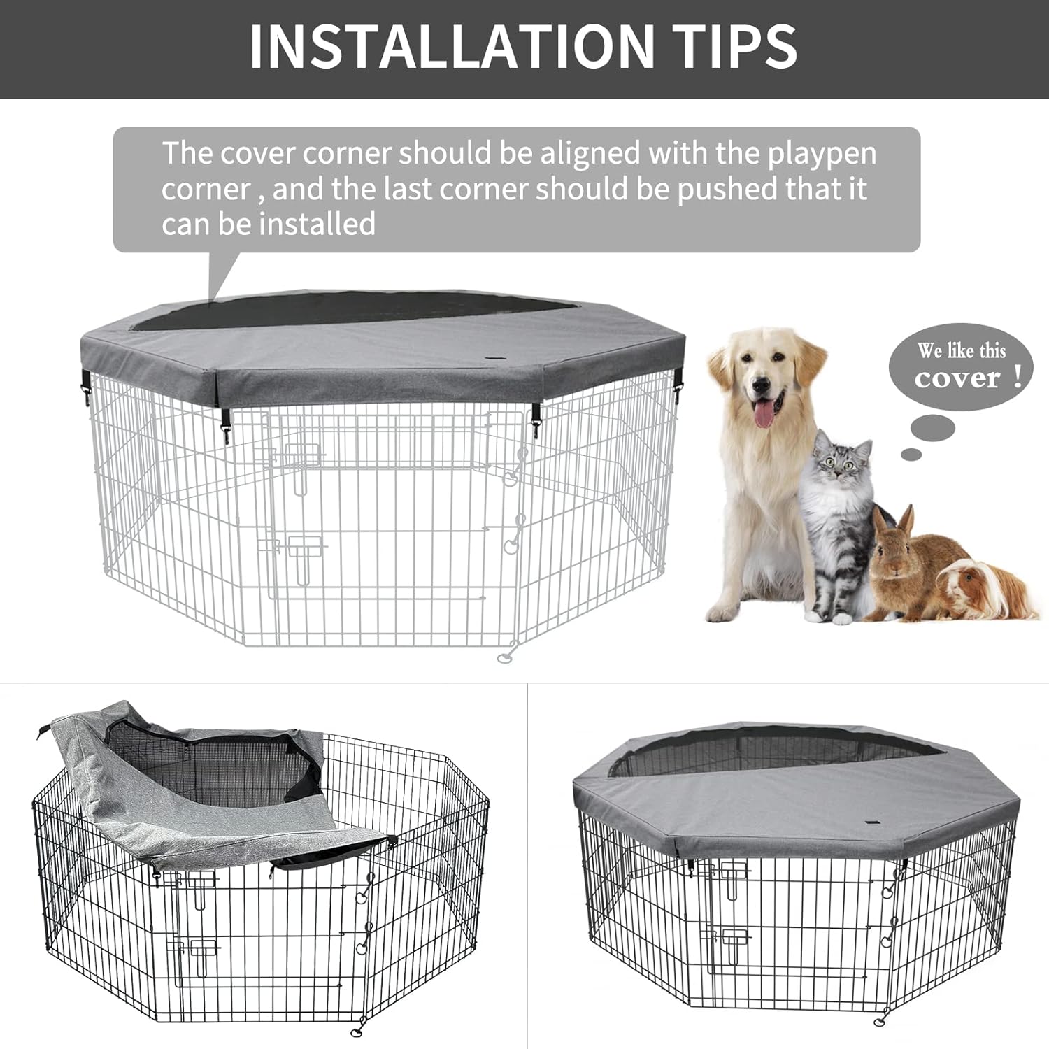 PETIME Top Cover Sun/Rain Proof Provide Shade and Security for Indoor Outdoor Dog Playpen Fits All 24" Wide 8 Panels Pet Exercise Pen (Playpen Not Included)