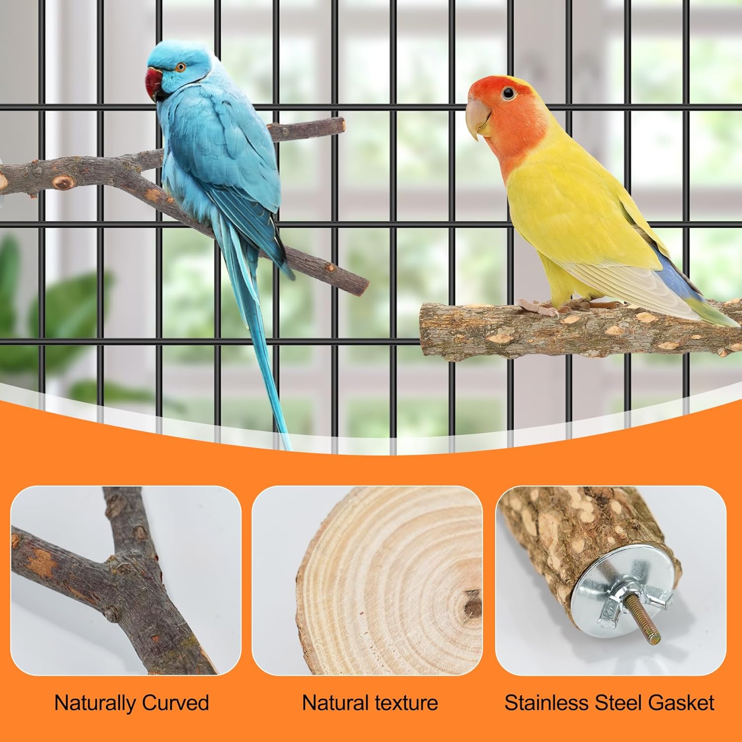 Bird Perch Stand, Pole Standing Natural Wood Bird Perch Set 7PCS Paw Grinding Fork Parrot Cage Branch with Rope Cage Accessories Toys for Parakeets, Cockatiels, Conure, Budgies (Brown 1)