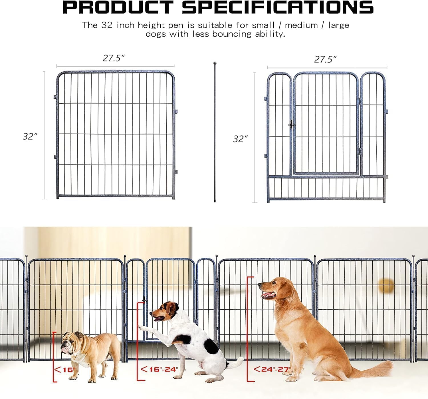 Dog Playpen,32/40/45 Inch Height in Heavy Duty, Folding Indoor Outdoor Anti-Rust Dog Exercise Fence, Portable Pet Playpen with Door for Large Medium Small Dogs and Pet (8 Panels, 32 Inch) Silver