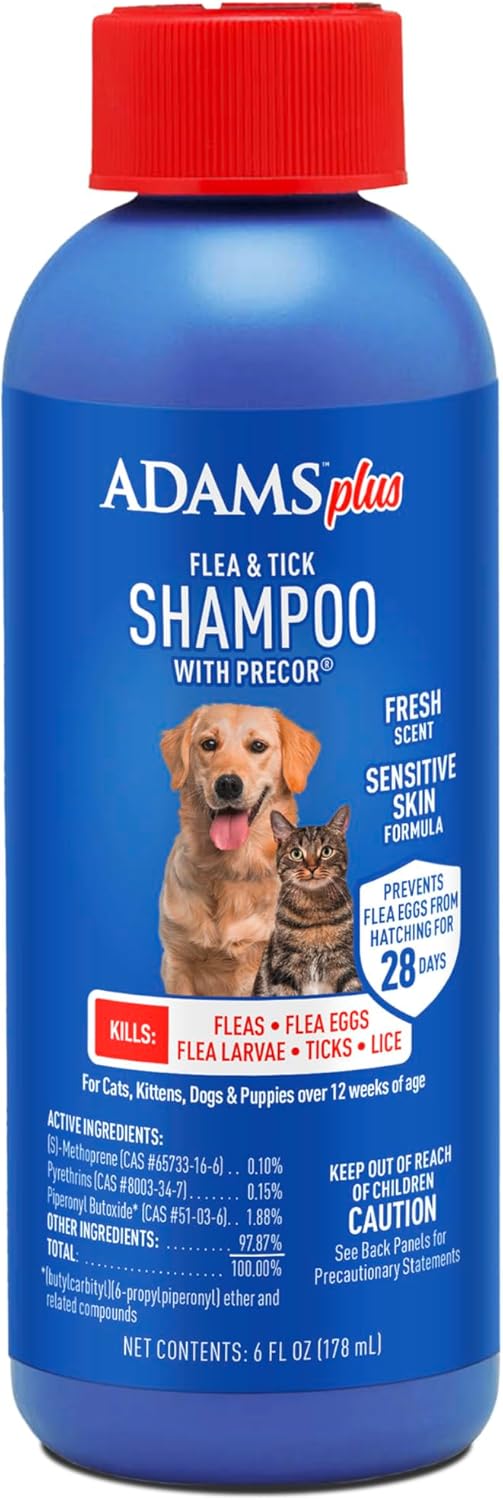 ADAMS Plus Flea & Tick Shampoo with Precor IGR for Cats, Kittens, Dogs & Puppies Over 12 Weeks Of Age, Sensitive Skin Flea Treatment, Kills Adult Fleas, Flea Eggs, Ticks, and Lice, 6 Ounces