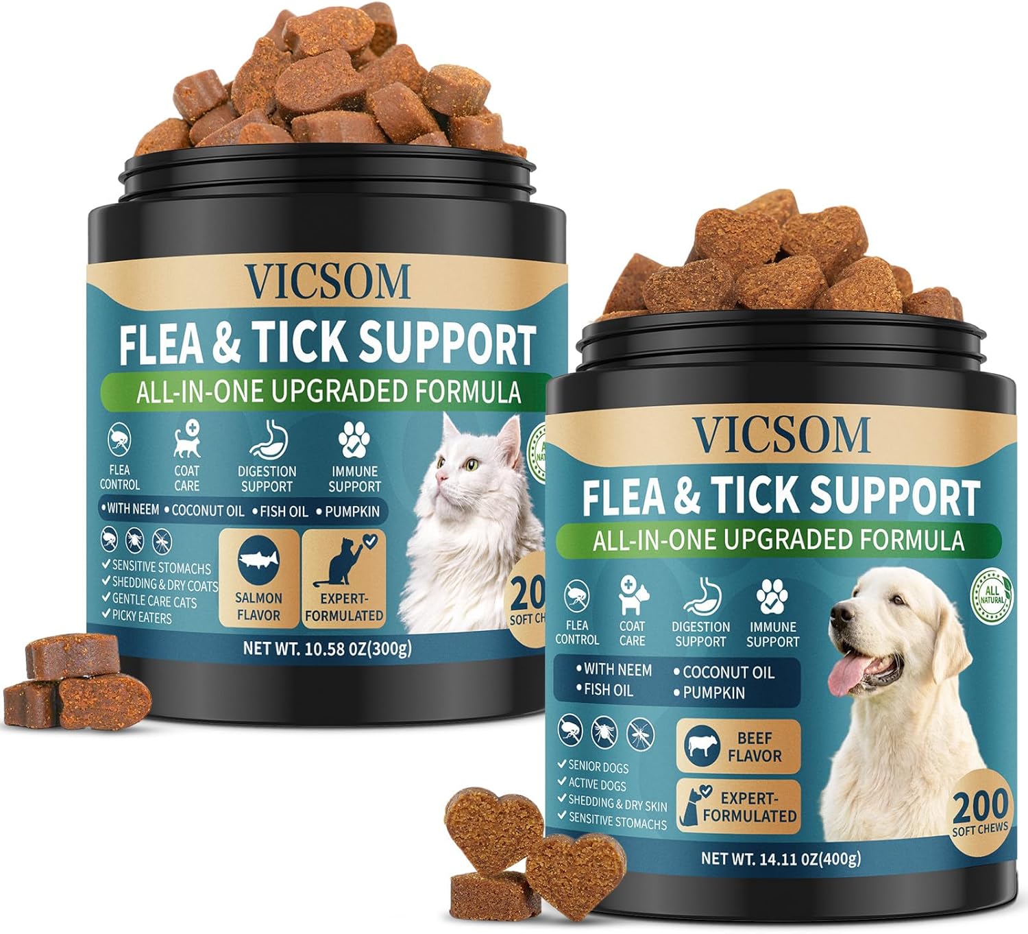 Flea and Tick Prevention for Dogs & Cats Chewable, 400 Treats (200 Dog + 200 Cat) – Natural Oral Flea Treatment for Dogs & Cats with Skin & Digestive Support, Beef & Salmon Flavor, All Breeds & Ages