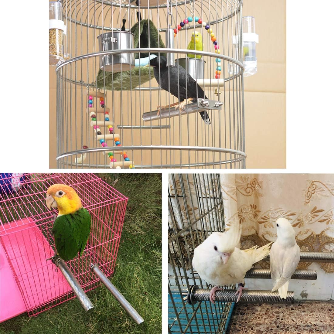 Bird Perch Stainless Steel Stand Parrot Rod Grinding Claws Trimming Beak Nails Grinding Stick Exercise Platform for Parakeet Cockatiel Conure African Grey Macaw Finch Bird Cage Accessories (L)