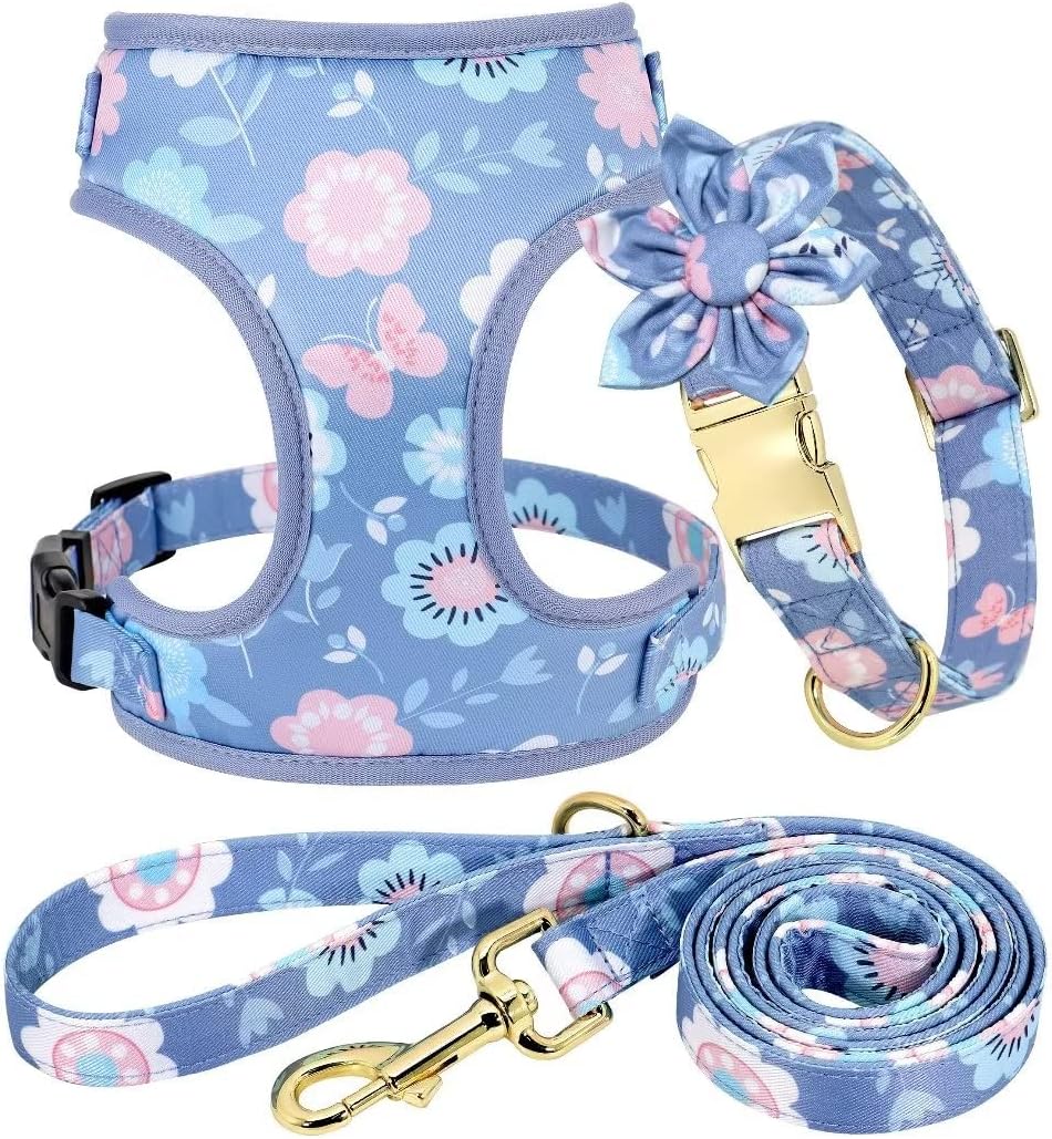 Beirui Cute Girl Dog Collars, Harnesses & Leashes Set - Adjustable Dog Collar and Leash Set with Flower - Soft Mesh Dog Vest Harness for Puppies Small Medium Dogs (Purple,XS)
