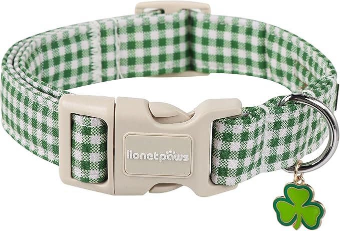 Lionet Paws St. Patrick Dog Collar, Comfortable Adjustable Green Collar with Green and White Grid Pattern for Small Male Female Dogs Collars, Neck 10-16 inches