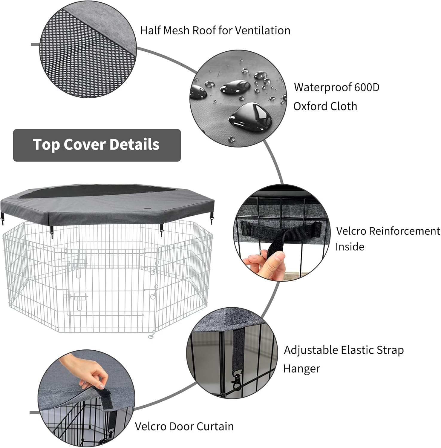 PETIME Top Cover Sun/Rain Proof Provide Shade and Security for Indoor Outdoor Dog Playpen Fits All 24" Wide 8 Panels Pet Exercise Pen (Playpen Not Included)
