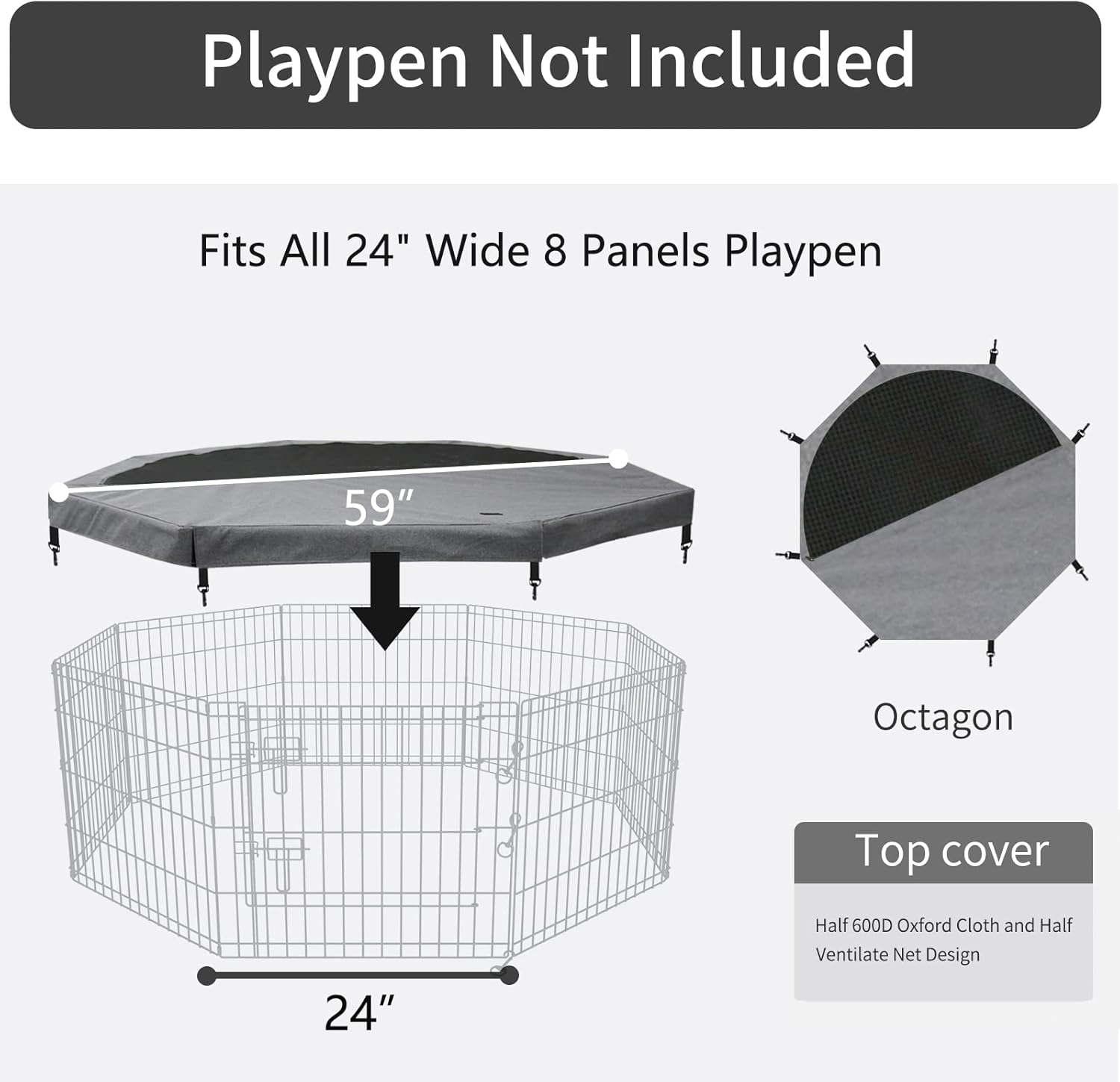 PETIME Top Cover Sun/Rain Proof Provide Shade and Security for Indoor Outdoor Dog Playpen Fits All 24" Wide 8 Panels Pet Exercise Pen (Playpen Not Included)