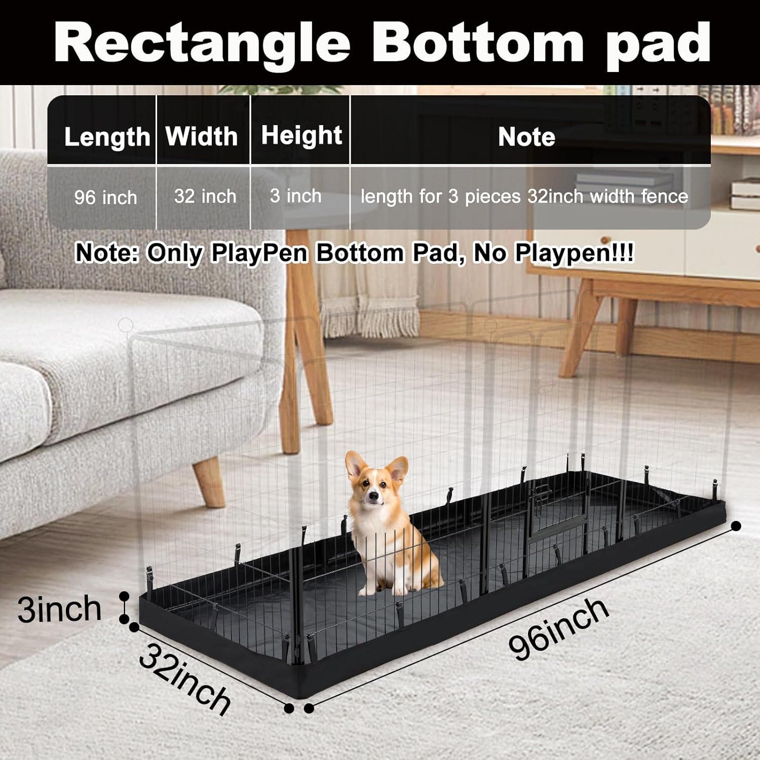 PJYuCien Rectangle Dog Playpen Pad - 32"x96" Size, Fits 8 Panels, 600D Oxford Cloth, Waterproof (Bottom Pad Only!)