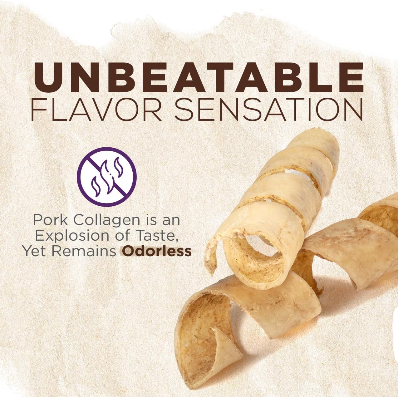 "Natural Farm Curly Pork Collagen Sticks (5-6 Inch, 1 Pack), Fully Digestible & Natural Dog Chews, Flavorful & Long Lasting, Best for Small & Medium Chewers, Odor-Free Rawhide Alternative"