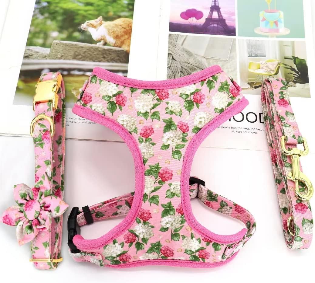 Beirui Cute Girl Dog Collars, Harnesses & Leashes Set - Adjustable Dog Collar and Leash Set with Flower - Soft Mesh Dog Vest Harness for Puppies Small Medium Dogs (Pink,S)