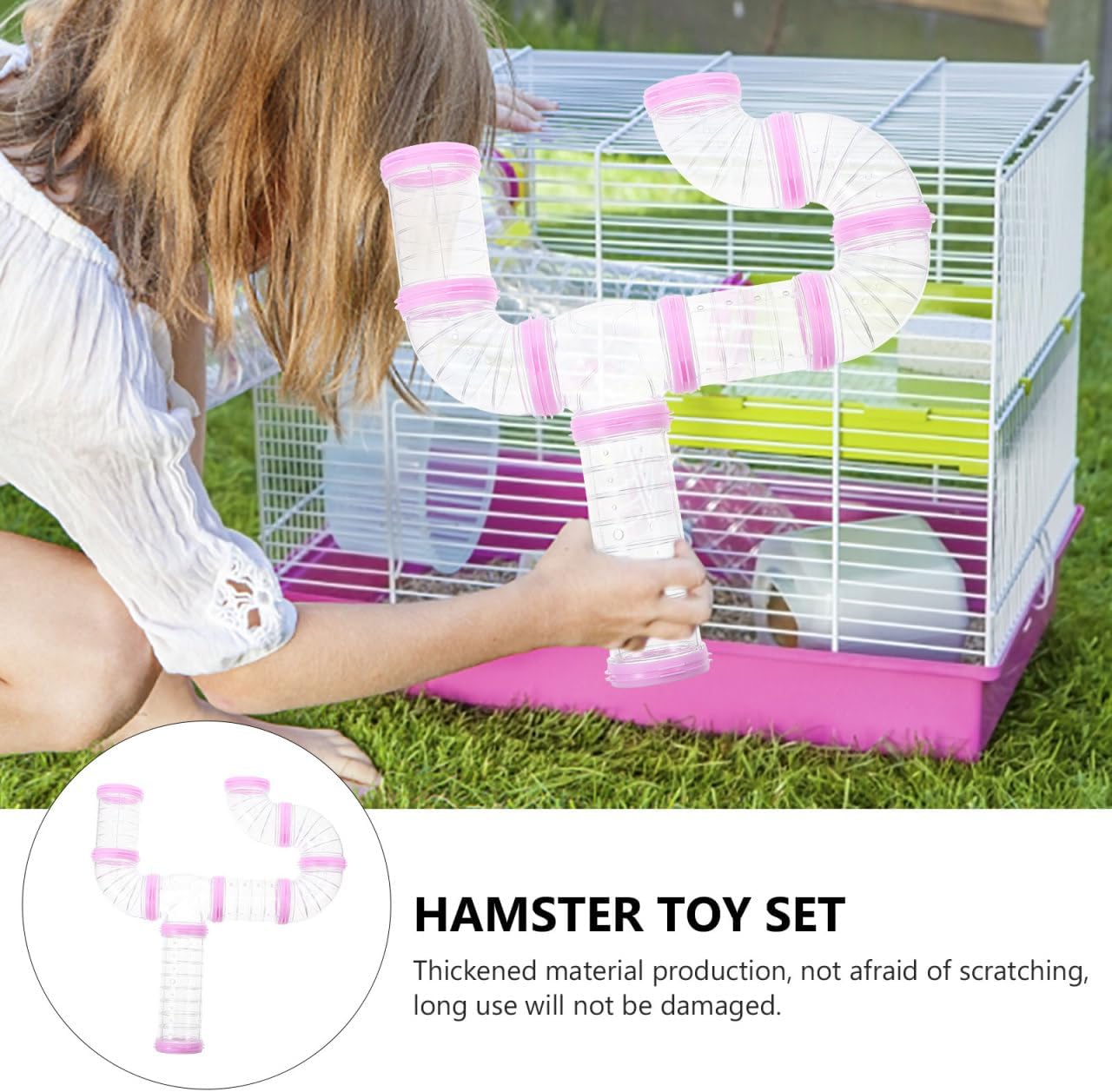 Hamster Tube Set, Transparent Tunnel DIY Curved Excercise Maze Connector Cage Accessories for Mouse Hamster Small Animals- Pink