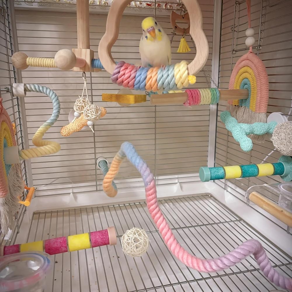 Gradient Colorful Bird Rope Perch Stand for Bird Cages Bendable Climbing Rope Cage Accessory Toy for Cockatiel Parakeet Budgie Lovebird Sugar Glider (31.4'')