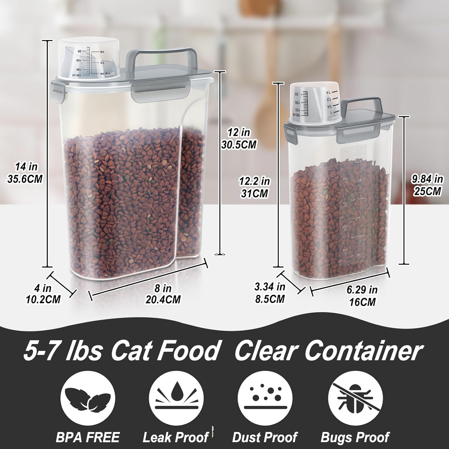 (3+5LBS 2Pack Cat Dog Food Storage Container Upgraded Large Nozzle BPA-free, Plastic Pet Food Containers, With 4 Sealed Clasps/1 Measuring Cup/Handle Easy Clean and Carry (Clear Grey)