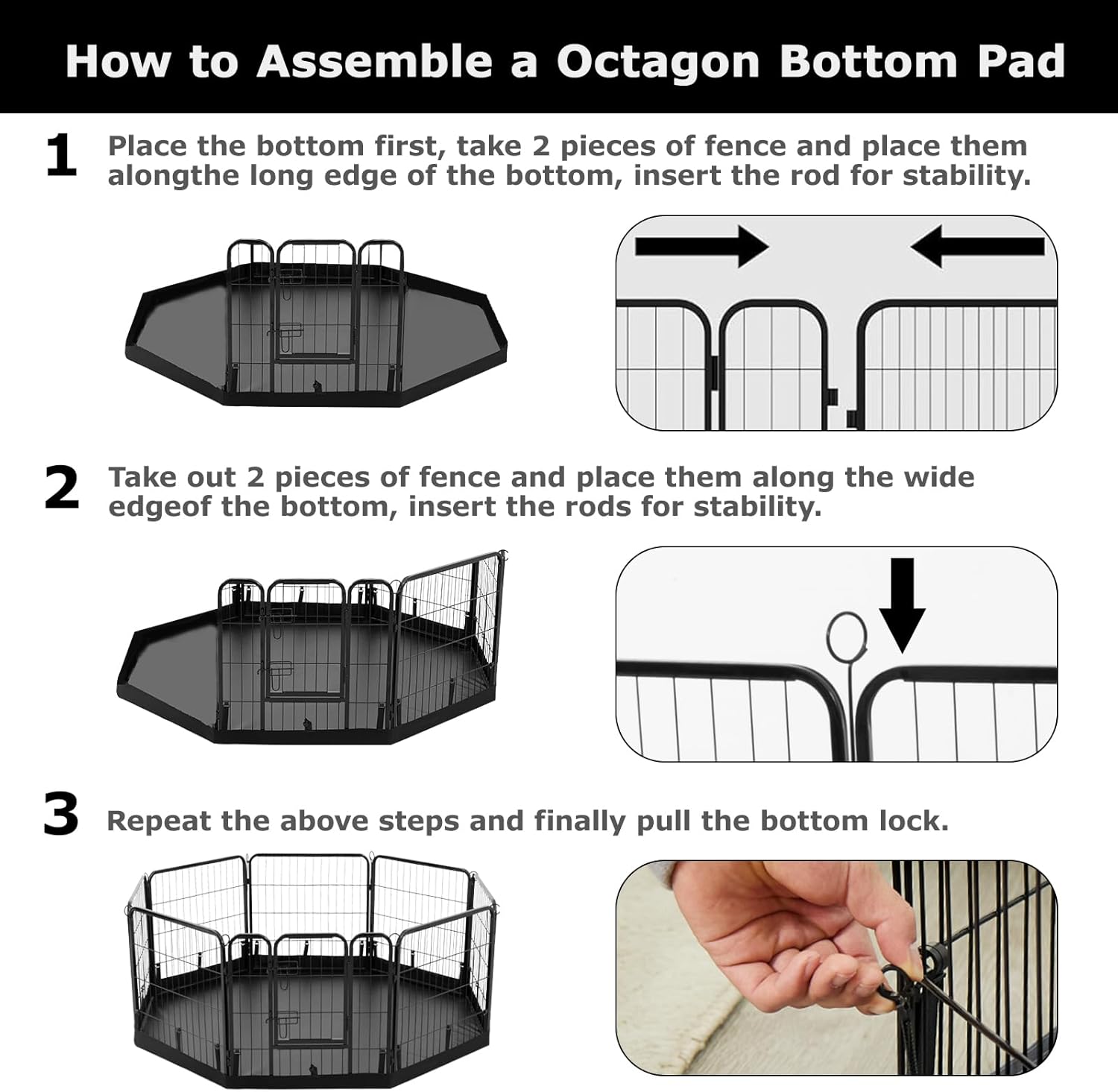 PJYuCien Dog Playpen Bottom Pad, Fits 24 Inch Width 8 Panels Regular Octagon Metal Exercise Pet Playpen, Black (Note:Playpen Not Included)