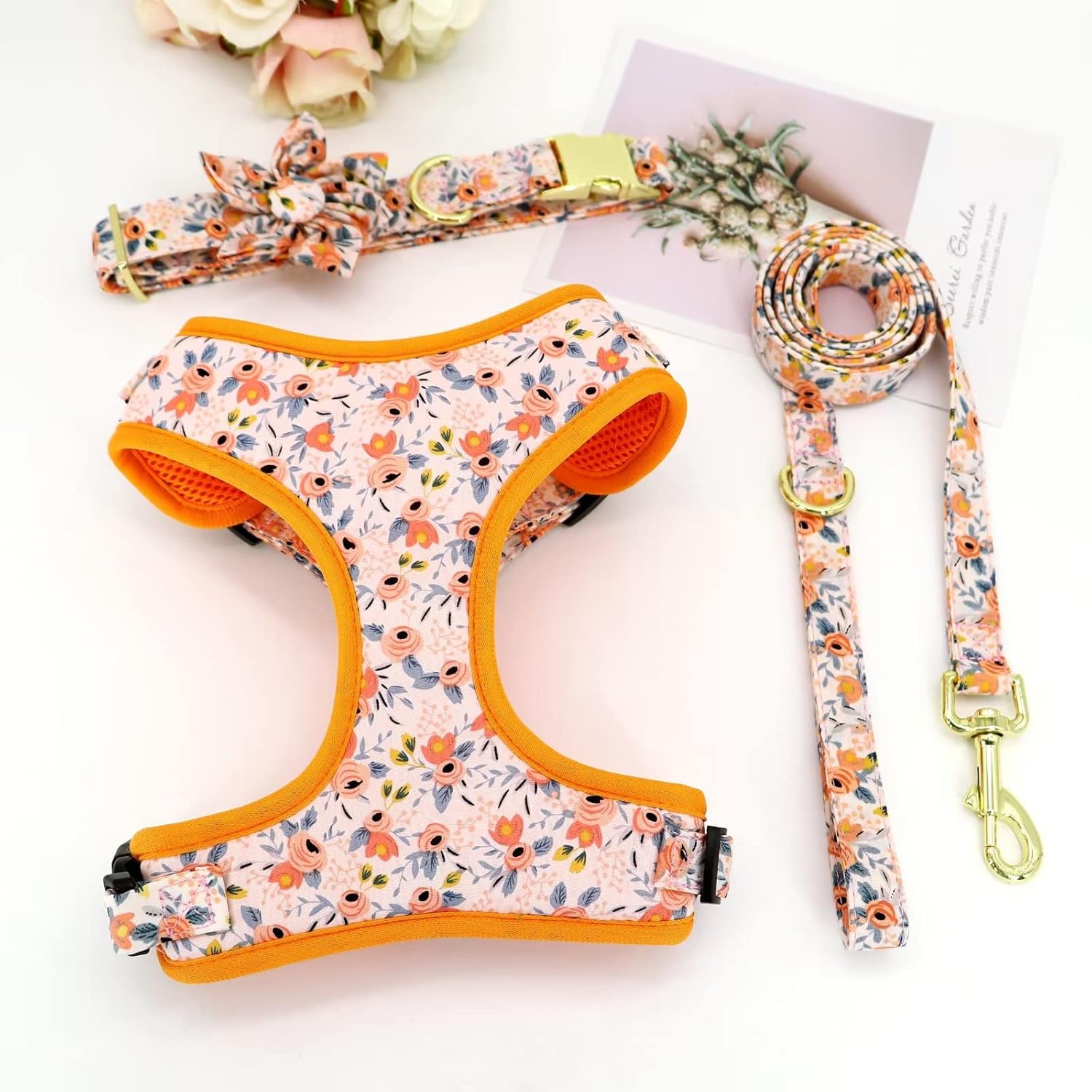 Beirui Cute Girl Dog Collars, Harnesses & Leashes Set - Adjustable Dog Collar and Leash Set with Flower - Soft Mesh Dog Vest Harness for Puppies Small Medium Dogs (Orange,S)