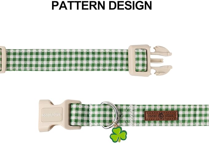 Lionet Paws St. Patrick Dog Collar, Comfortable Adjustable Green Collar with Green and White Grid Pattern for Small Male Female Dogs Collars, Neck 10-16 inches