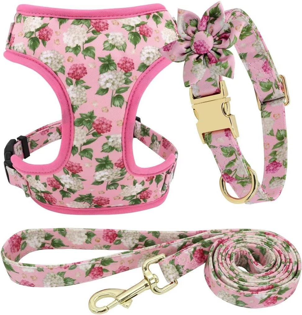 Beirui Cute Girl Dog Collars, Harnesses & Leashes Set - Adjustable Dog Collar and Leash Set with Flower - Soft Mesh Dog Vest Harness for Puppies Small Medium Dogs (Pink,S)