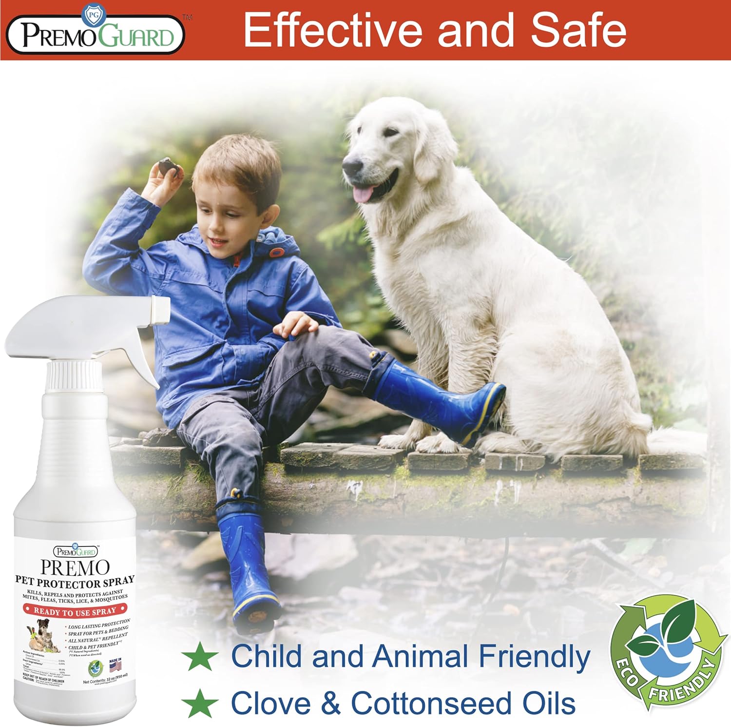 Premo Guard Pet Protector Spray - 32 oz - Kills Mites, Fleas, Ticks, & Mosquitoes - for Dogs, Cats, & Home - Natural Plant Based Oils for Control, Prevention & Treatment - Family Safe