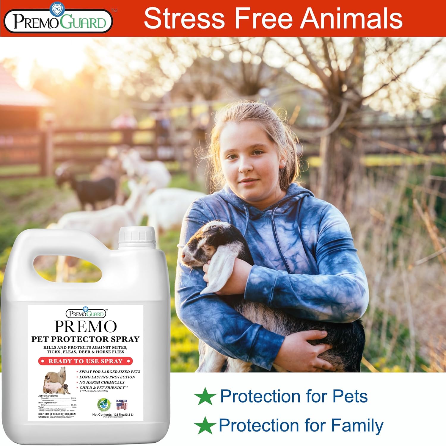 Premo Guard Pet Protector Spray - 128 oz - Kills Mites, Fleas, Ticks, & Mosquitoes - for Dogs, Cats, & Home - Natural Plant Based Oils for Control, Prevention & Treatment - Family Safe