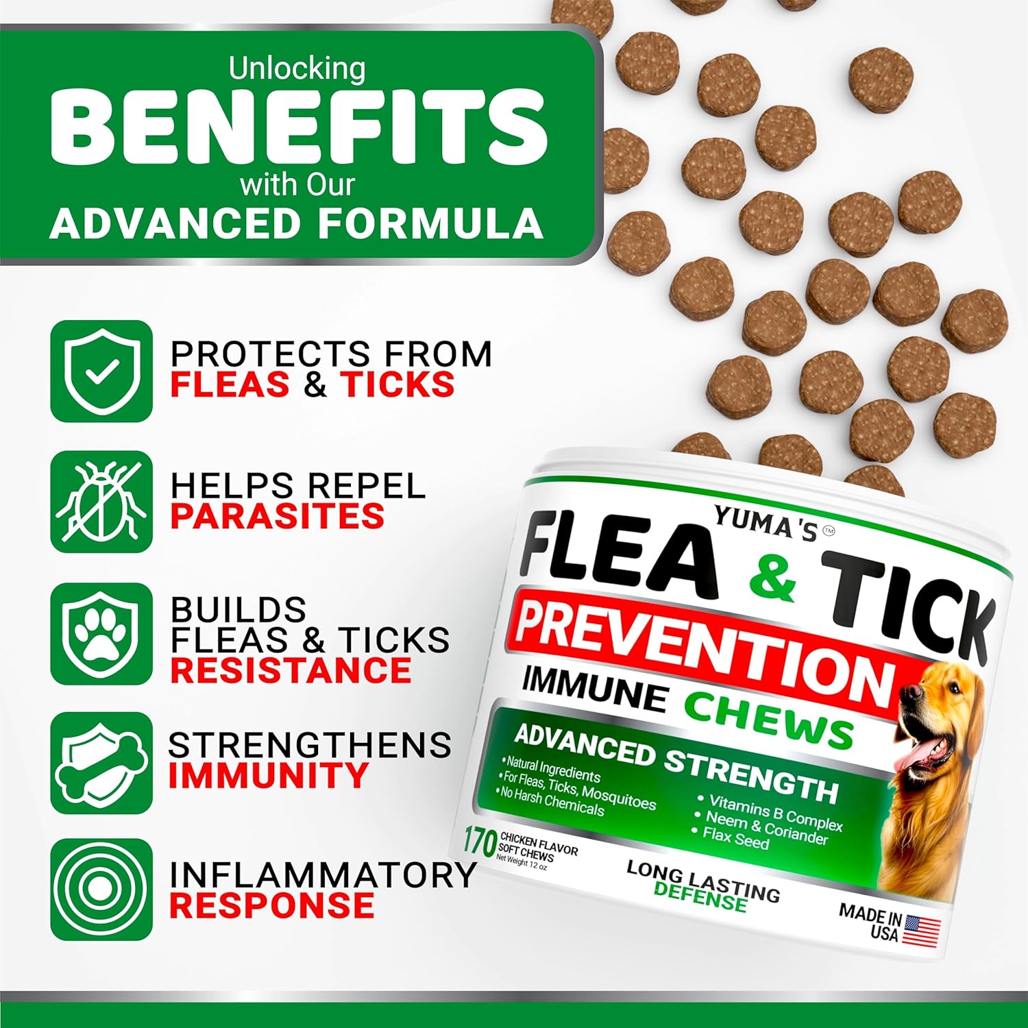 Flea and Tick Prevention for Dogs Chewables - 170 Treats - Natural Dog Flea and Tick Treatment Chewable Supplement - Oral Pills - All Breeds & Ages - Soft Chews - Made in USA - Chicken Flavor
