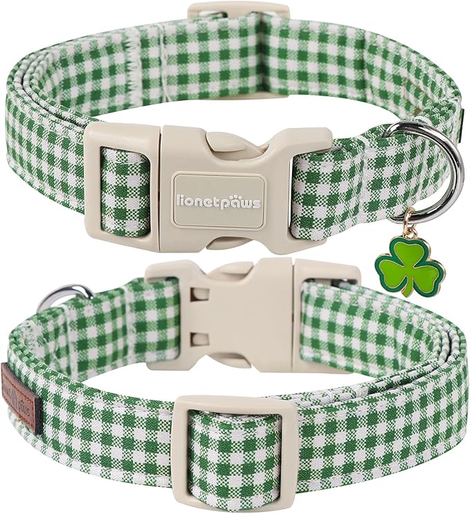 Lionet Paws St. Patrick Dog Collar, Comfortable Adjustable Green Collar with Green and White Grid Pattern for Small Male Female Dogs Collars, Neck 10-16 inches