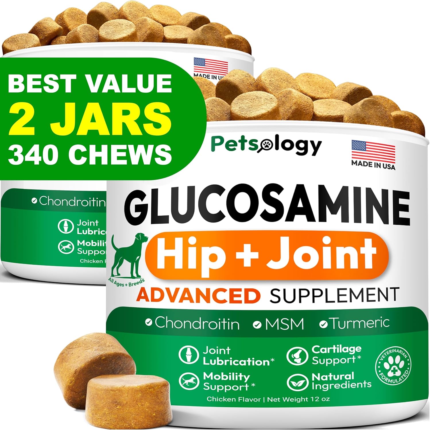 (2 Pack) Glucosamine for Dogs - 340 Mobility Chews - Advanced Hip and Joint Supplement for Dogs - Glucosamine Chondroitin - MSM - Joint Pain Relief - Made in USA
