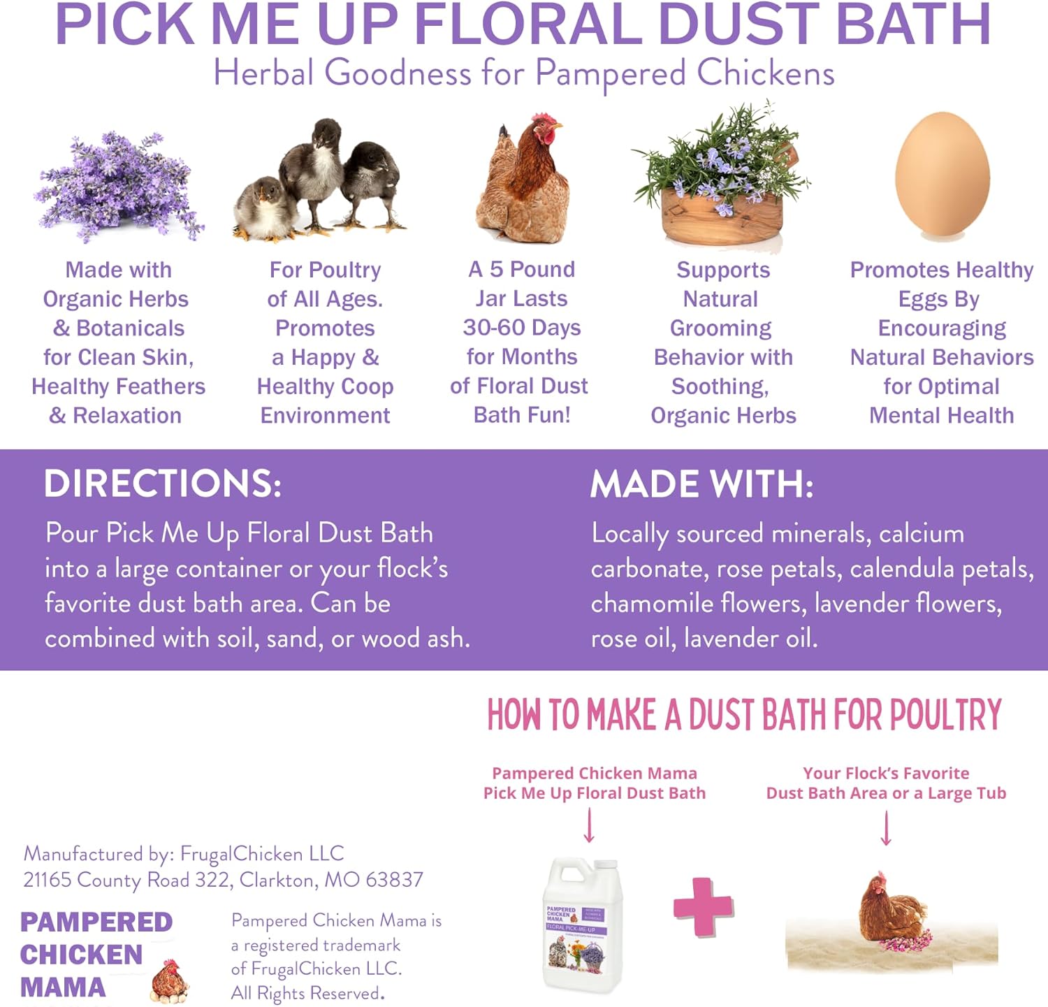 Pampered Chicken Mama Floral Dust Bath with Non-GMO Herbs: All Natural Poultry Supplies for Hens Who Love Bathing in Chicken Coops - Pick Me Up Floral Dust Bath (20 pounds)