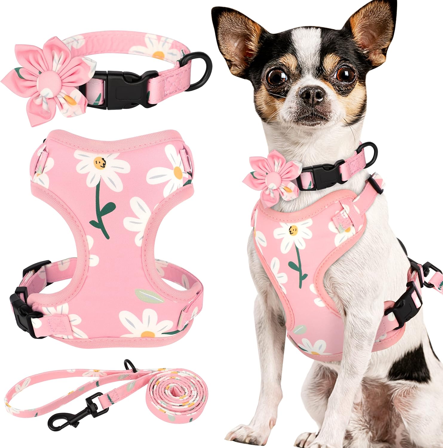 Beirui Cute Girl Dog Collars, Harnesses & Leashes Set - Adjustable Dog Collar and Leash Set with Flower - Soft Mesh Dog Vest Harness for Puppies Small & Extra Small Dogs Cats (Pink-1,XXS)