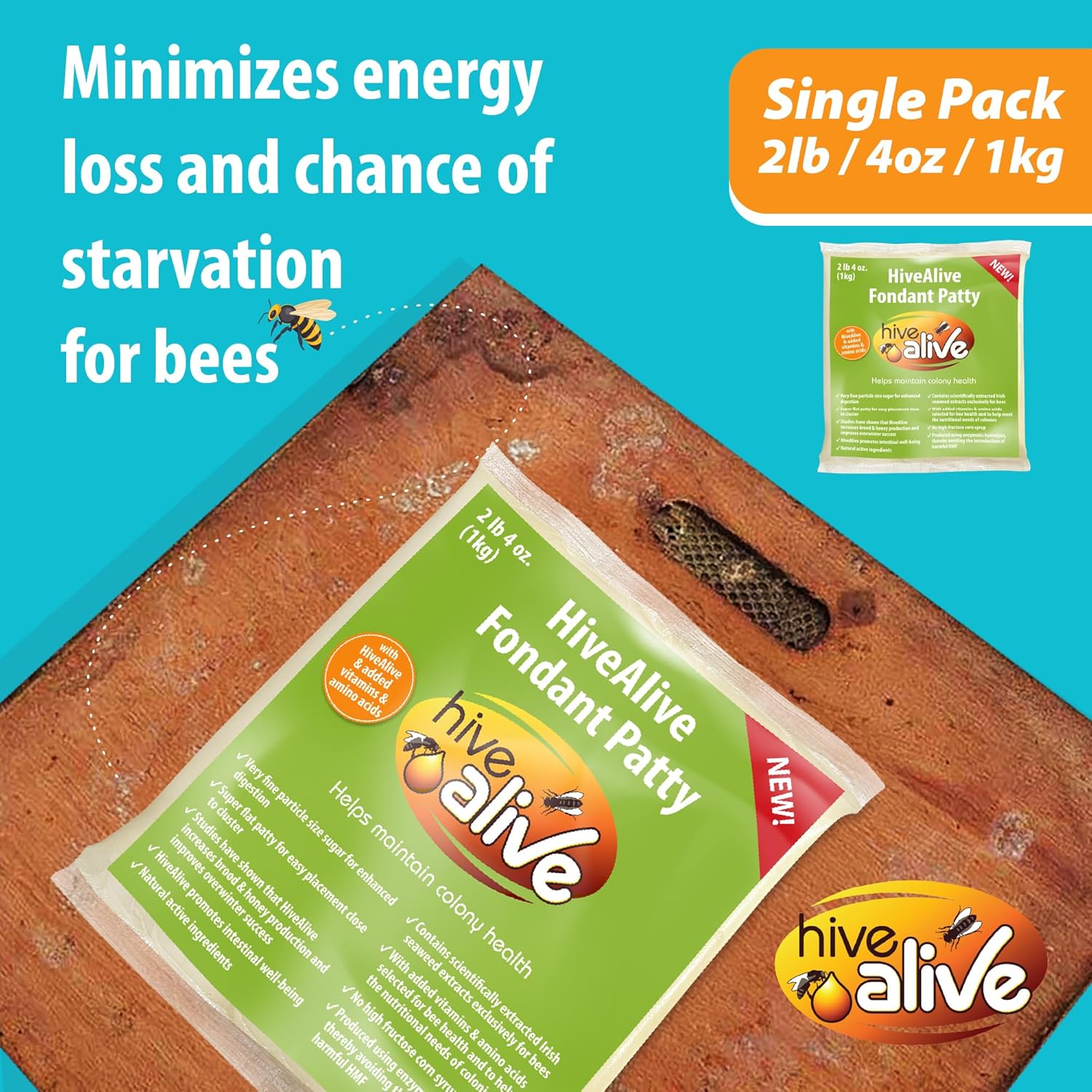 HIVE ALIVE Fondant Bee Food Supplement – Easy to Use Feed Enhancer Prevents Starvation During Overwintering – Only Fondant Proven to Increase Bee Gut Health and Boost Production-Single