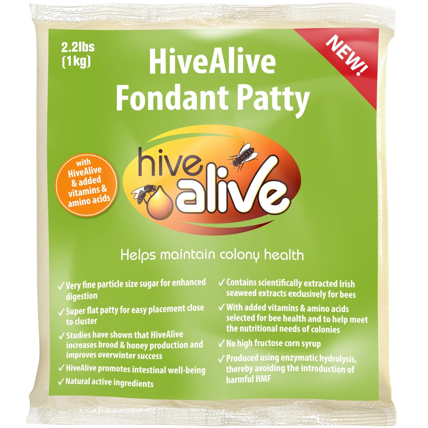 HIVE ALIVE Fondant Bee Food Supplement – Easy to Use Feed Enhancer Prevents Starvation During Overwintering – Only Fondant Proven to Increase Bee Gut Health and Boost Production-Single
