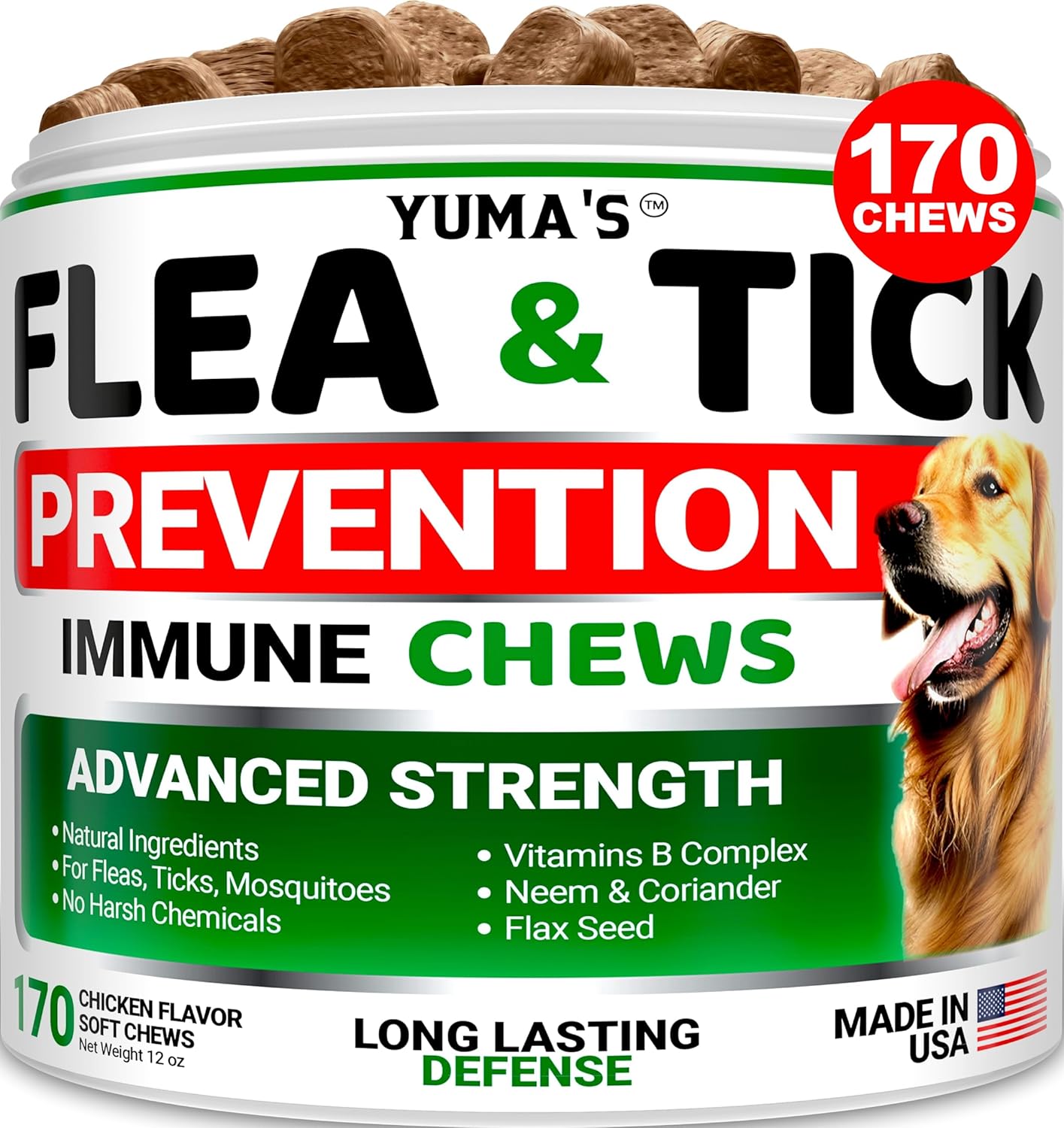 Flea and Tick Prevention for Dogs Chewables - 170 Treats - Natural Dog Flea and Tick Treatment Chewable Supplement - Oral Pills - All Breeds & Ages - Soft Chews - Made in USA - Chicken Flavor