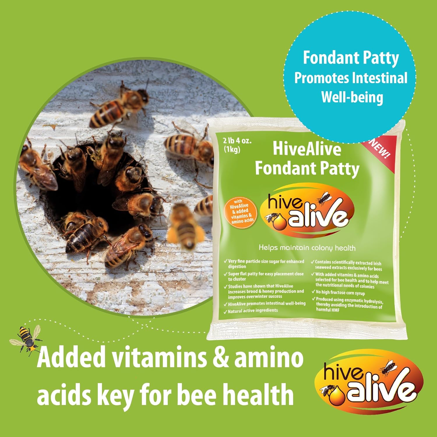 HIVE ALIVE Fondant Bee Food Supplement – Easy to Use Feed Enhancer Prevents Starvation During Overwintering – Only Fondant Proven to Increase Bee Gut Health and Boost Production-Single