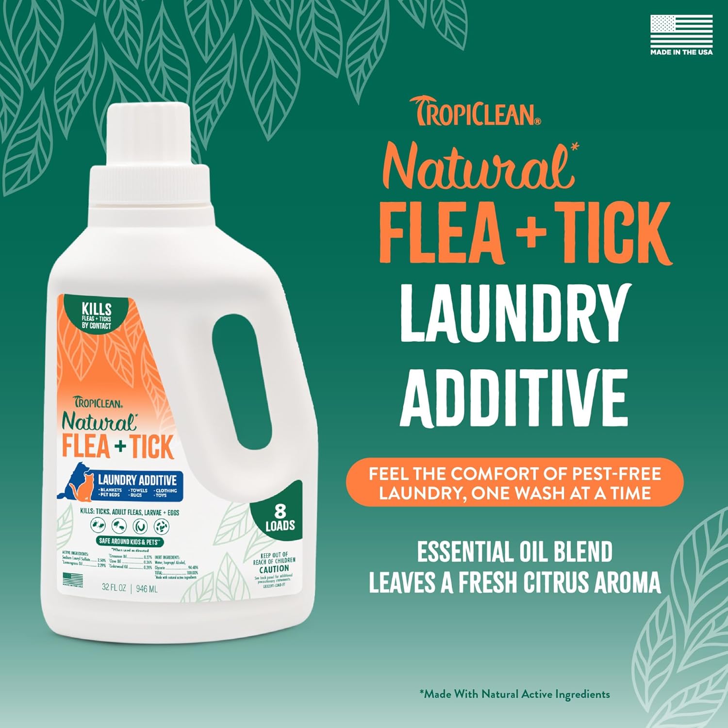 TropiClean Flea and Tick Laundry Additive, Laundry Detergent Booster, Safe for Dogs, Cats, & Home, Powerful Treatment Laundry Addition, 32oz