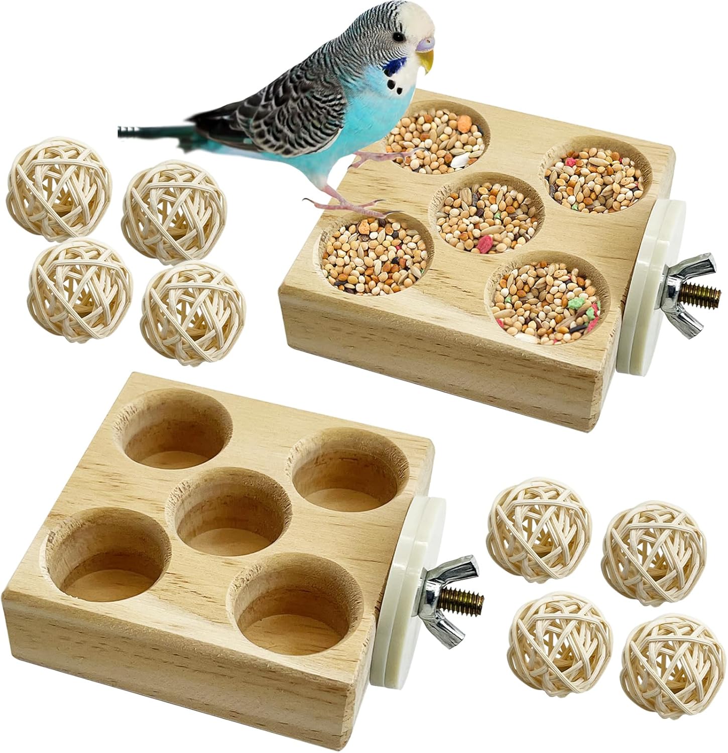 Hamiledyi 2 Pack Wooden Foraging Bird Toys - Interactive Slow Feeder Enrichment for Conures, Budgies and Lovebirds | Cage Climbing Puzzle Toys for Small Parrots Promoting Natural Pecking Behavior