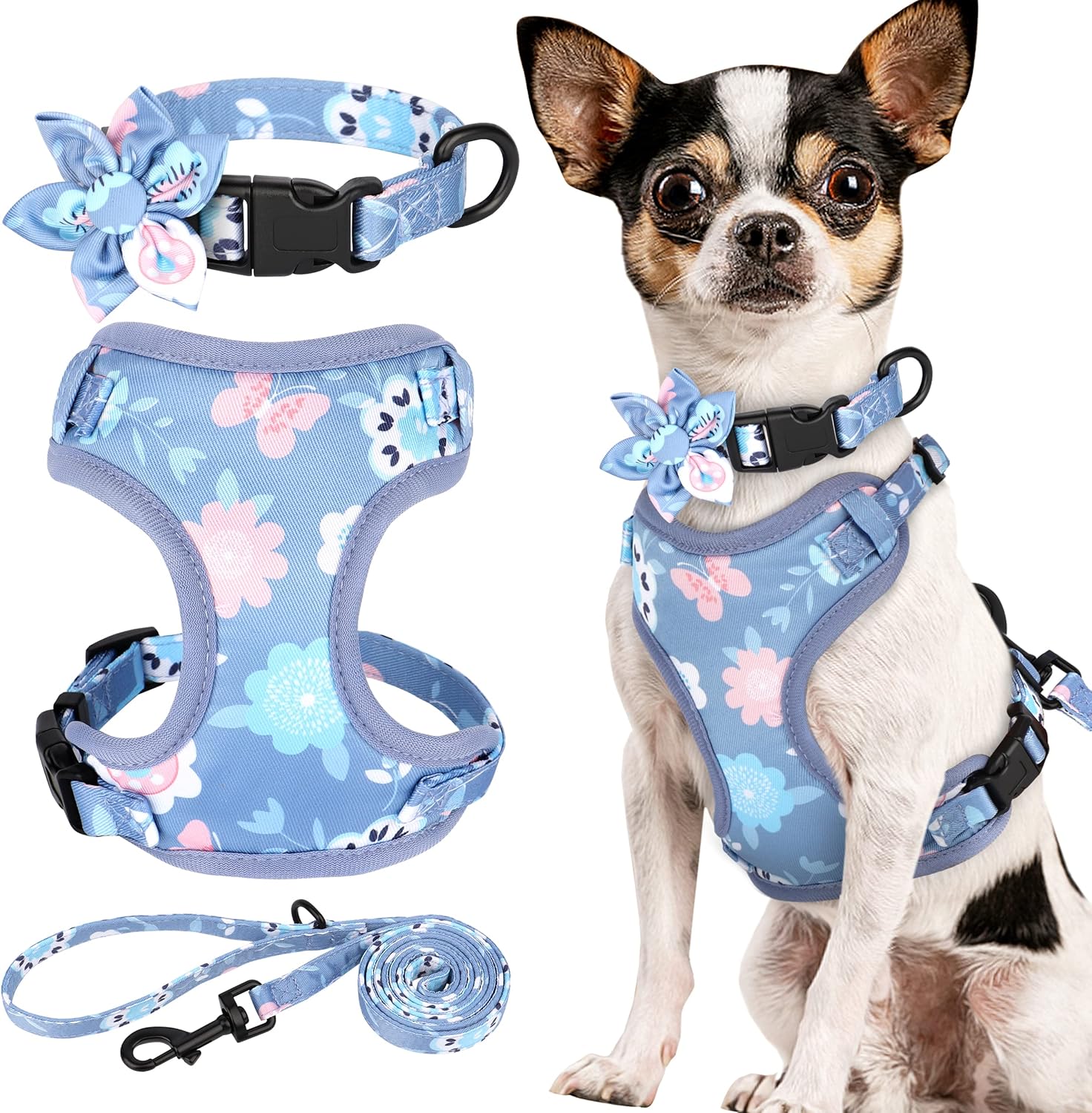 Beirui Cute Girl Dog Collars, Harnesses & Leashes Set - Adjustable Dog Collar and Leash Set with Flower - Soft Mesh Dog Vest Harness for Puppies Small & Extra Small Dogs Cats (Purple,XXS)