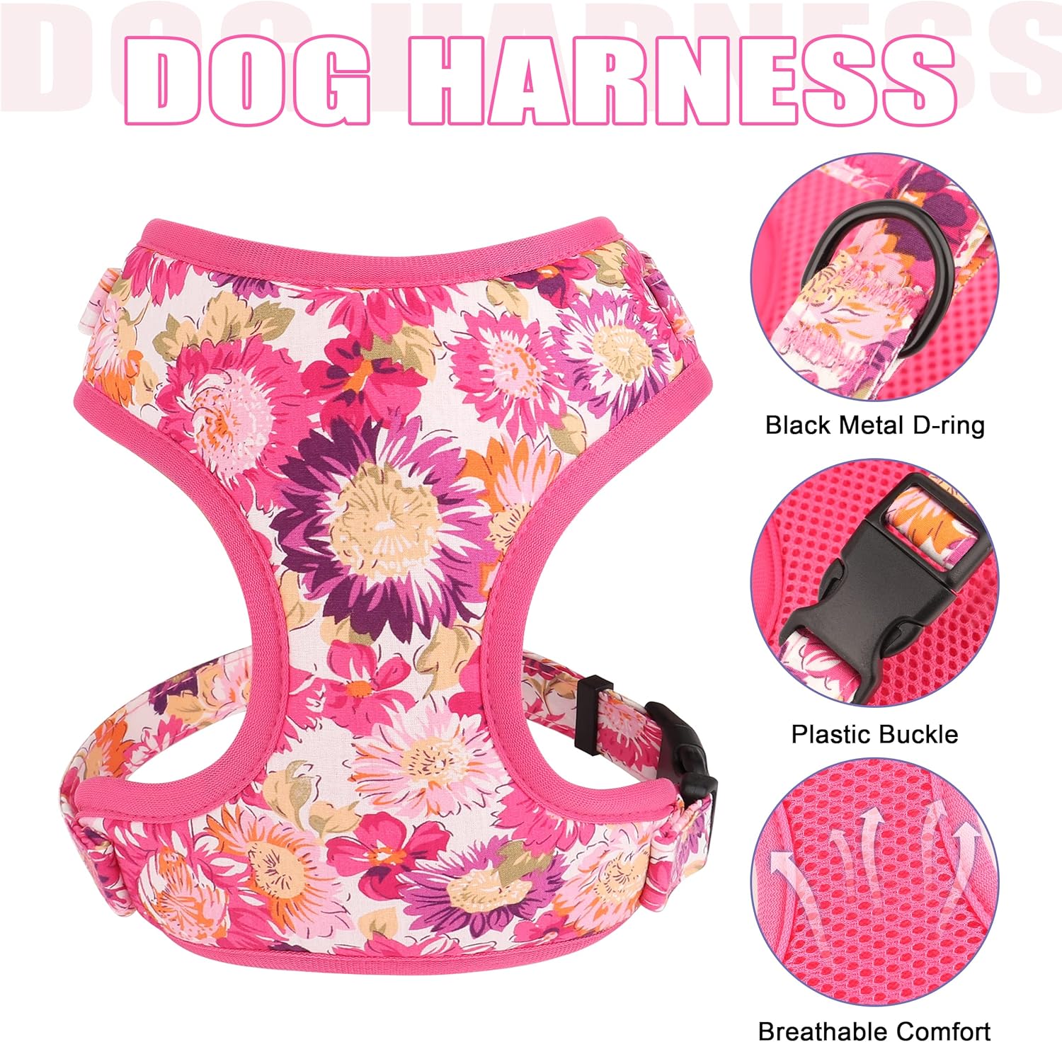 Beirui Cute Girl Dog Collars, Harnesses & Leashes Set - Adjustable Dog Collar and Leash Set with Flower - Soft Mesh Dog Vest Harness for Puppies Small Medium Dogs (Pink-2,M)