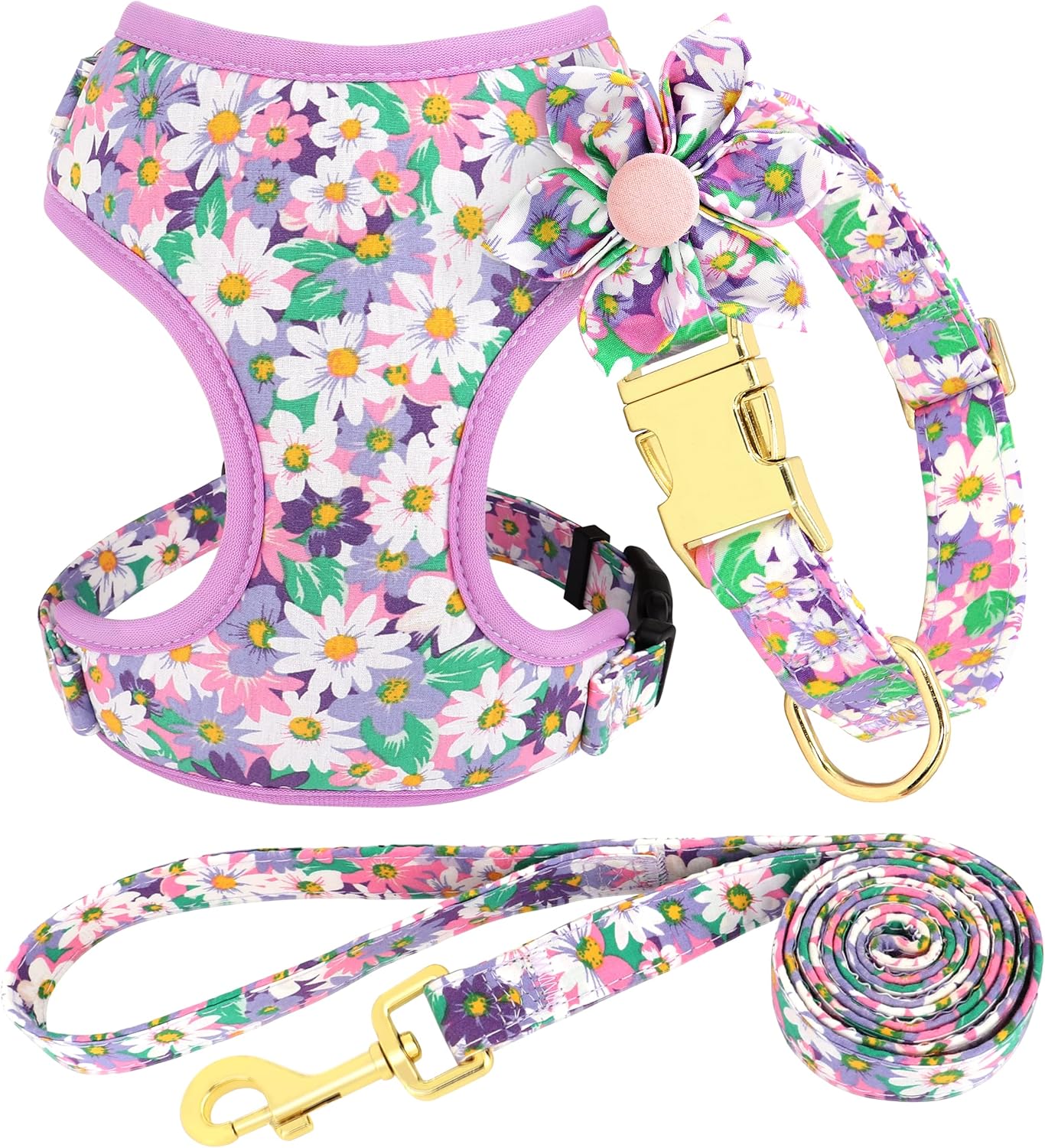 Beirui Cute Girl Dog Collars, Harnesses & Leashes Set - Adjustable Dog Collar and Leash Set with Flower - Soft Mesh Dog Vest Harness for Puppies Small Medium Dogs (Purple,XS)
