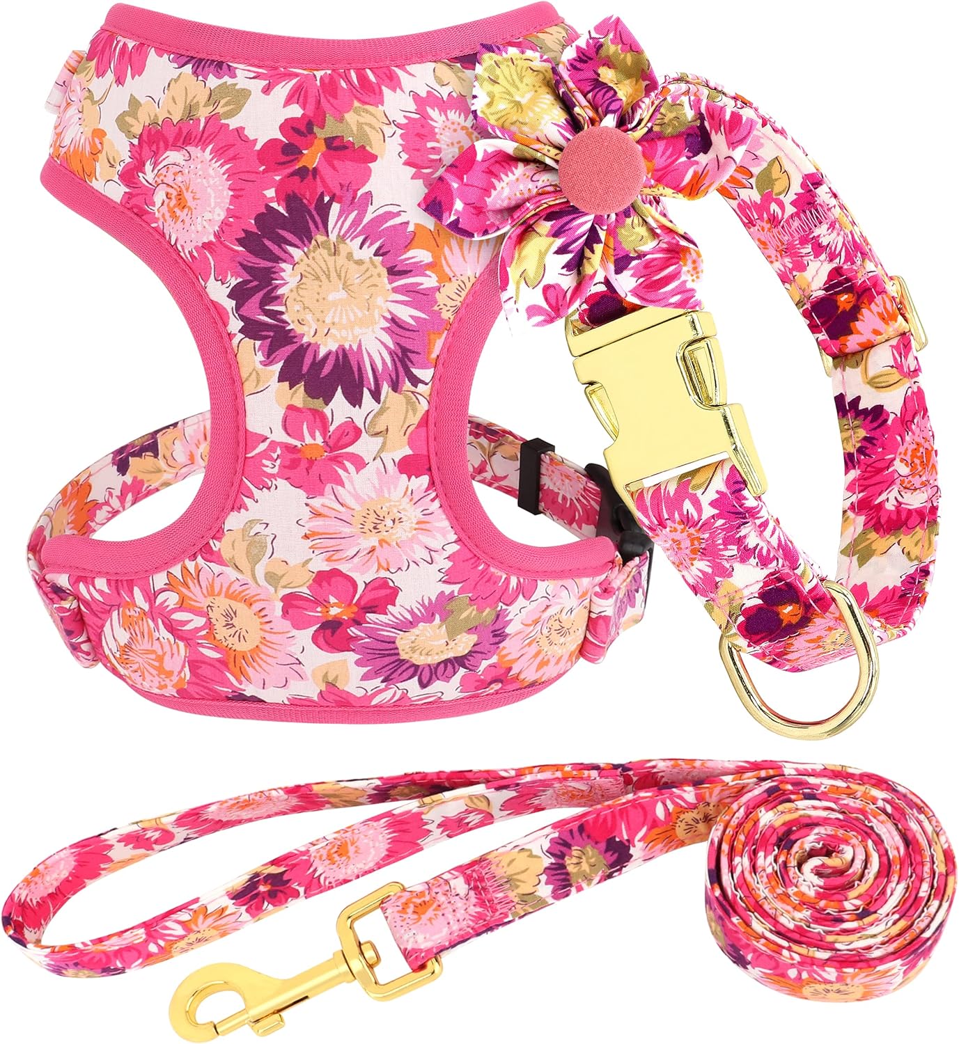 Beirui Cute Girl Dog Collars, Harnesses & Leashes Set - Adjustable Dog Collar and Leash Set with Flower - Soft Mesh Dog Vest Harness for Puppies Small Medium Dogs (Pink-2,M)