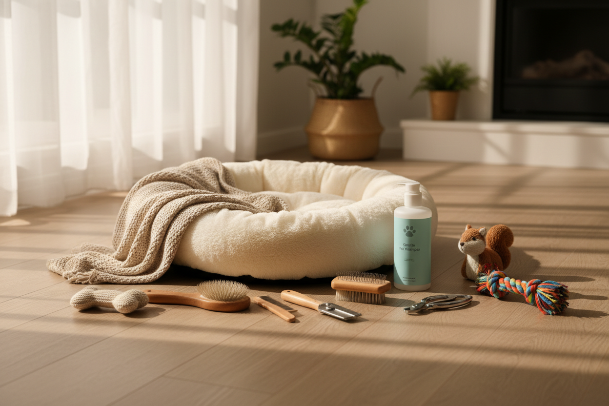 Comfort & Care: Cozy beds, grooming essentials, and accessories that make pets feel loved. (make it real photo)