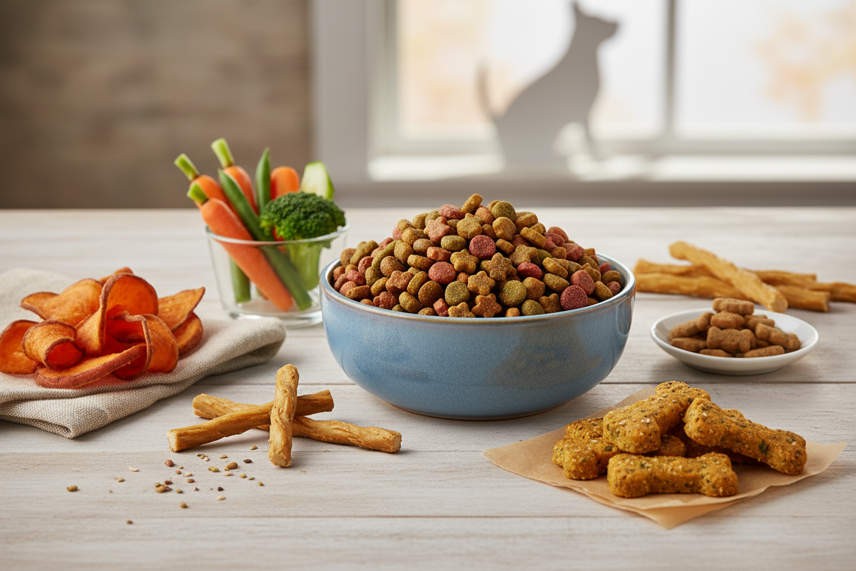 Nutritious Food & Treats: Delicious and wholesome options to keep pets healthy and happy. (make it real photo)