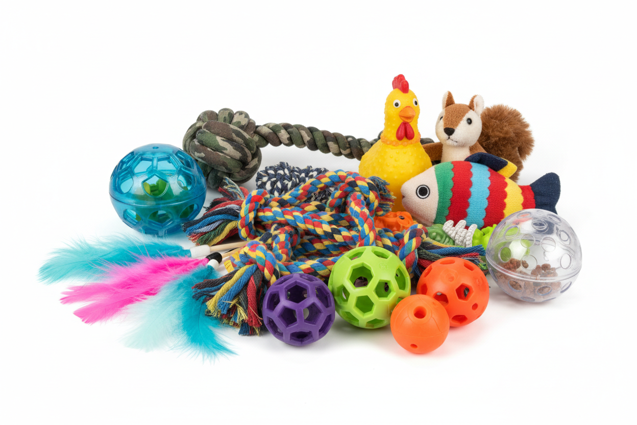 Toys & Enrichment: Fun and safe toys that spark joy and exercise for all kinds of pets. (make it real photo)